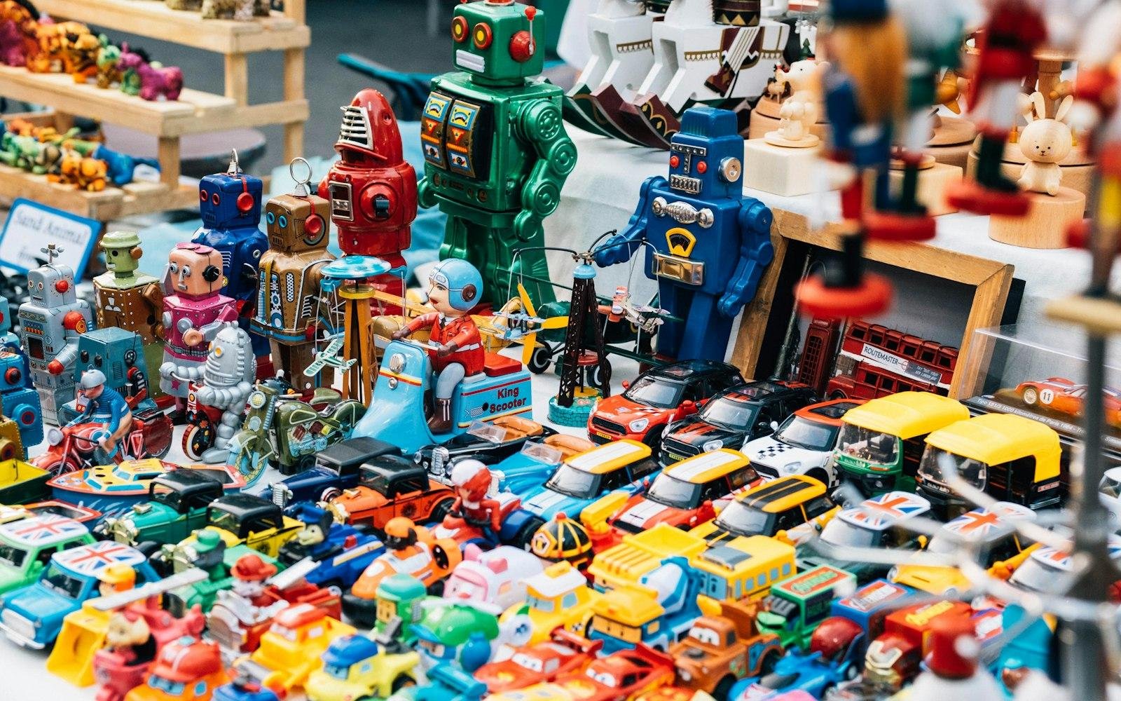 Colourful toys arranged on a soft surface