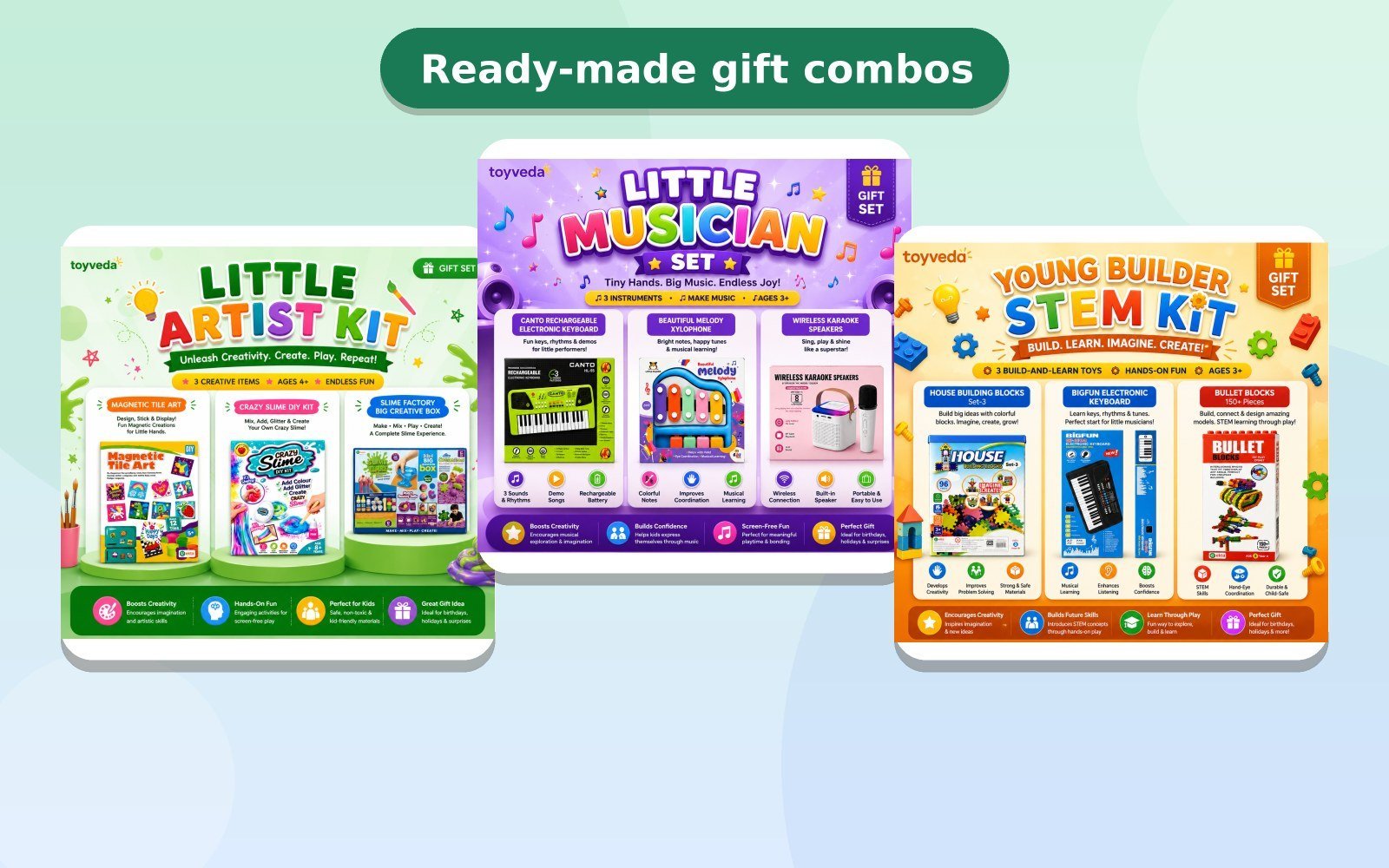 Toyveda gift combos: Little Artist Kit, Little Musician Set and Young Builder STEM Kit
